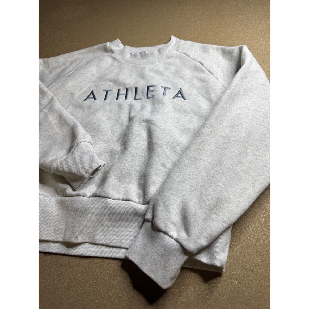 Athleta Womens Grey Heathered Logo Embroidered Raglan Crewneck Sweatshirt Small